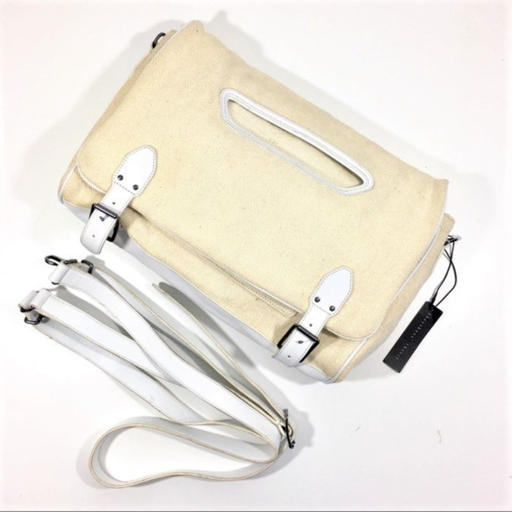 Theory Suede Leather Large Messenger Bag Cross Strap Ivory Off White